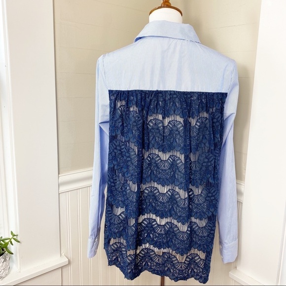 Anthropologie English Factory Blue & White Striped Cotton Shirt w/ Lace Back - Picture 4 of 13